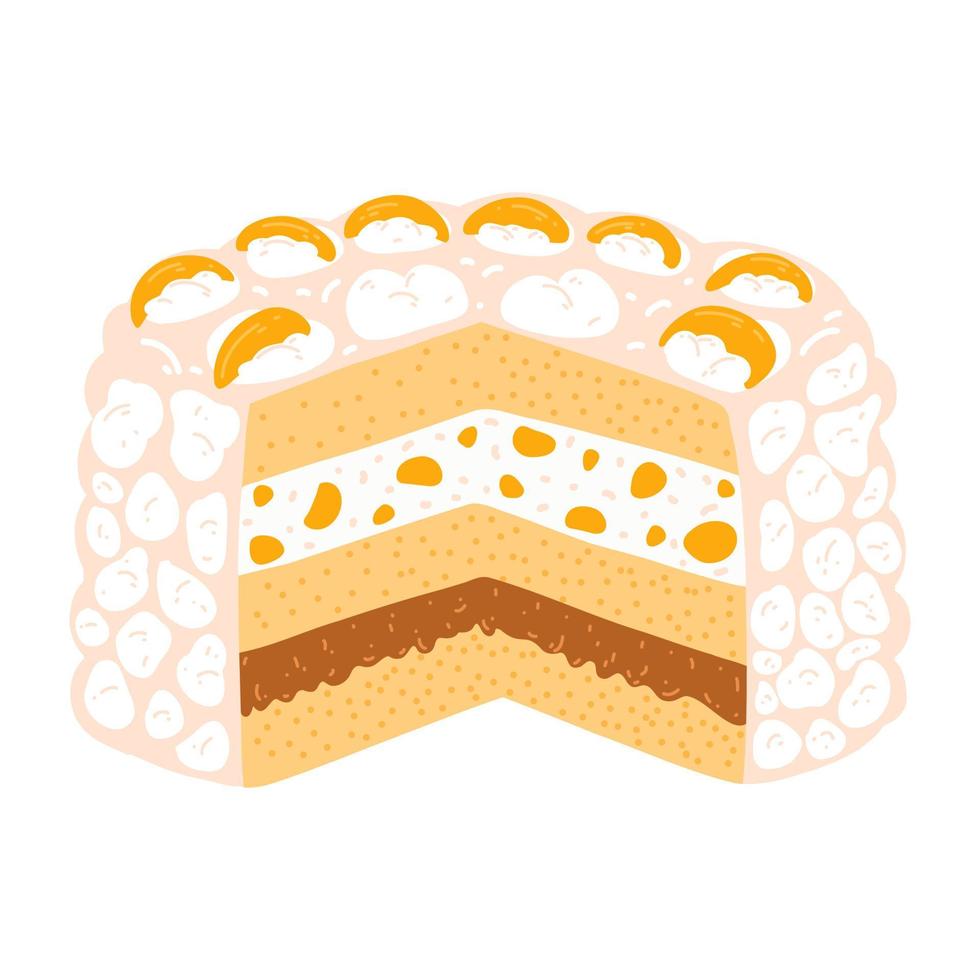 tradizionale uruguaiano torta chaja nel cartone animato piatto stile. mano disegnato vettore illustrazione di spugna torta con Pesche e caramello, popolare cucina, latino America dolce