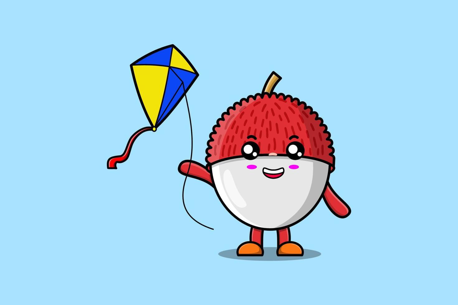 carino cartone animato lychee personaggio giocando aquilone volante vettore