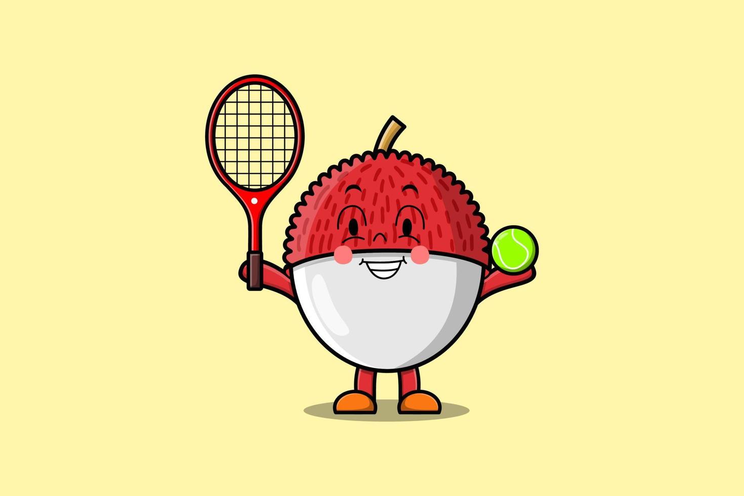 carino cartone animato lychee personaggio giocando tennis campo vettore