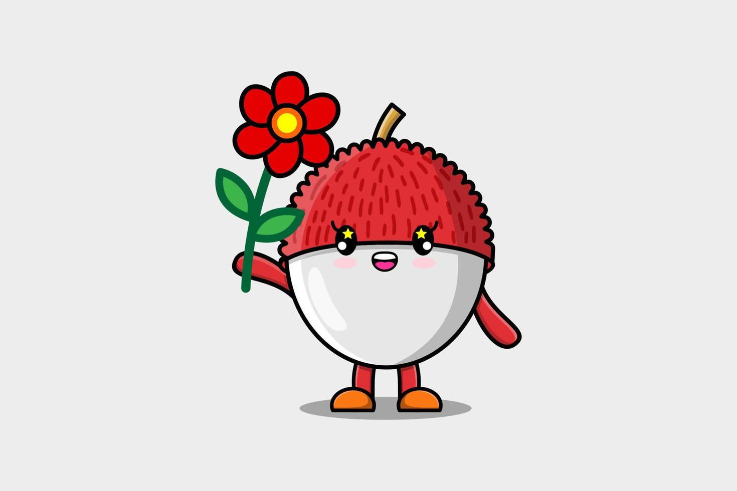 carino cartone animato lychee personaggio Tenere rosso fiore vettore