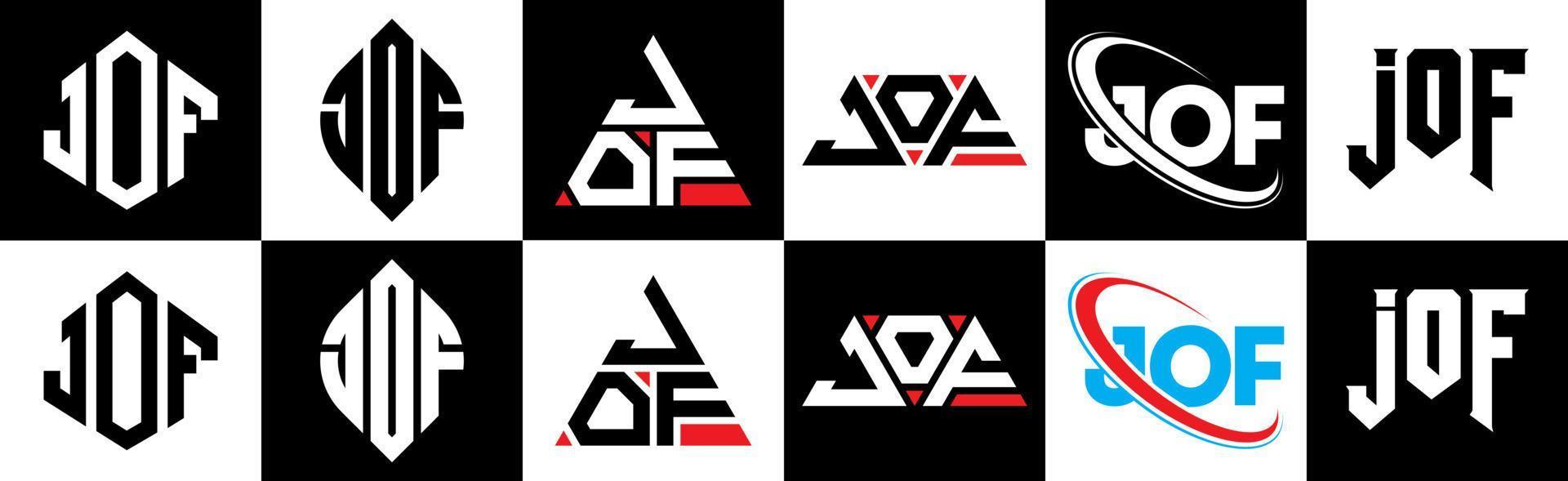 jof lettera logo design nel sei stile. jof poligono, cerchio, triangolo, esagono, piatto e semplice stile con nero e bianca colore variazione lettera logo impostato nel uno tavola da disegno. jof minimalista e classico logo vettore