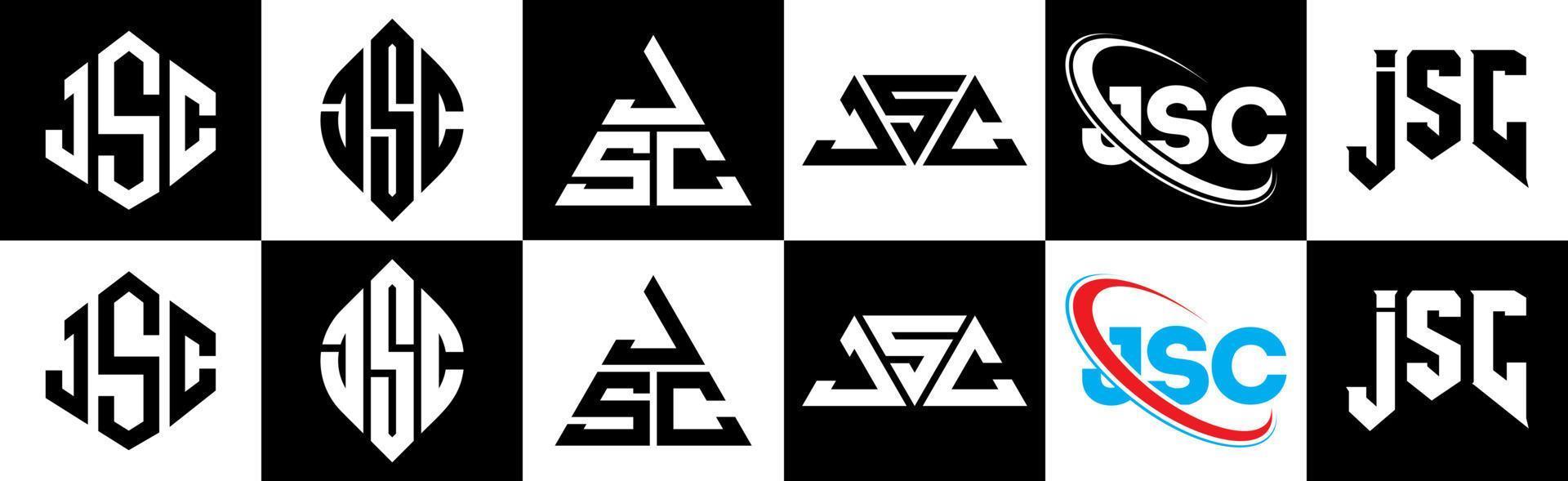 jsc lettera logo design nel sei stile. jsc poligono, cerchio, triangolo, esagono, piatto e semplice stile con nero e bianca colore variazione lettera logo impostato nel uno tavola da disegno. jsc minimalista e classico logo vettore