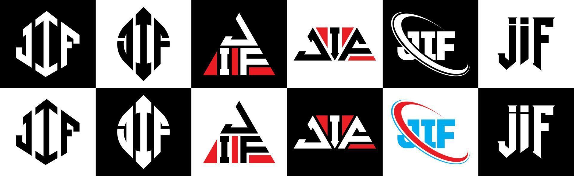 jif lettera logo design nel sei stile. jif poligono, cerchio, triangolo, esagono, piatto e semplice stile con nero e bianca colore variazione lettera logo impostato nel uno tavola da disegno. jif minimalista e classico logo vettore
