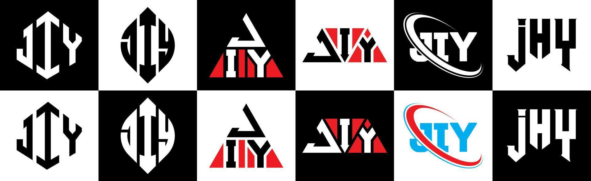 jiy lettera logo design nel sei stile. jiy poligono, cerchio, triangolo, esagono, piatto e semplice stile con nero e bianca colore variazione lettera logo impostato nel uno tavola da disegno. jiy minimalista e classico logo vettore