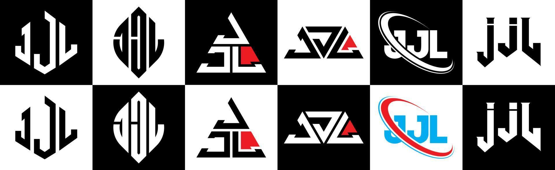 jjl lettera logo design nel sei stile. jjl poligono, cerchio, triangolo, esagono, piatto e semplice stile con nero e bianca colore variazione lettera logo impostato nel uno tavola da disegno. jjl minimalista e classico logo vettore