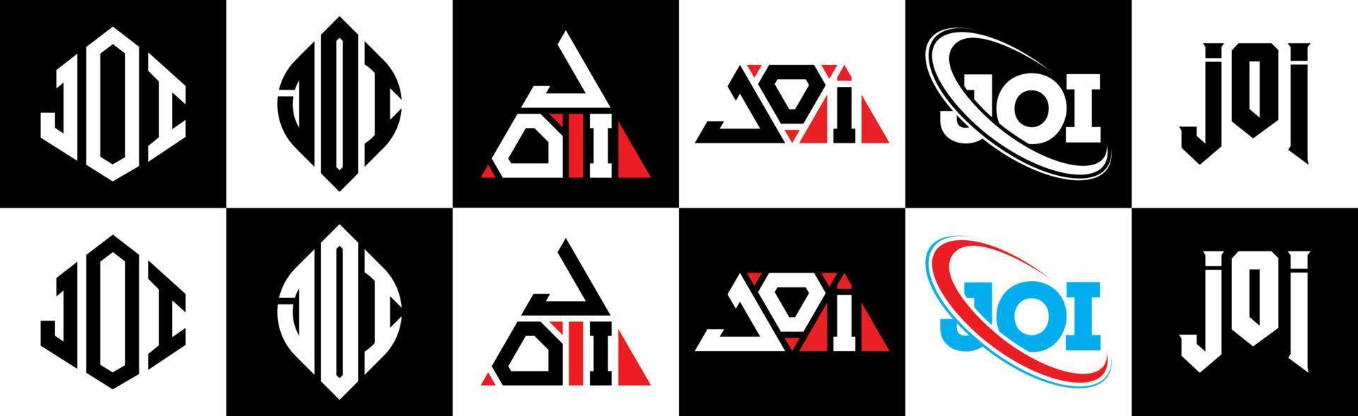 joi lettera logo design nel sei stile. joi poligono, cerchio, triangolo, esagono, piatto e semplice stile con nero e bianca colore variazione lettera logo impostato nel uno tavola da disegno. joi minimalista e classico logo vettore