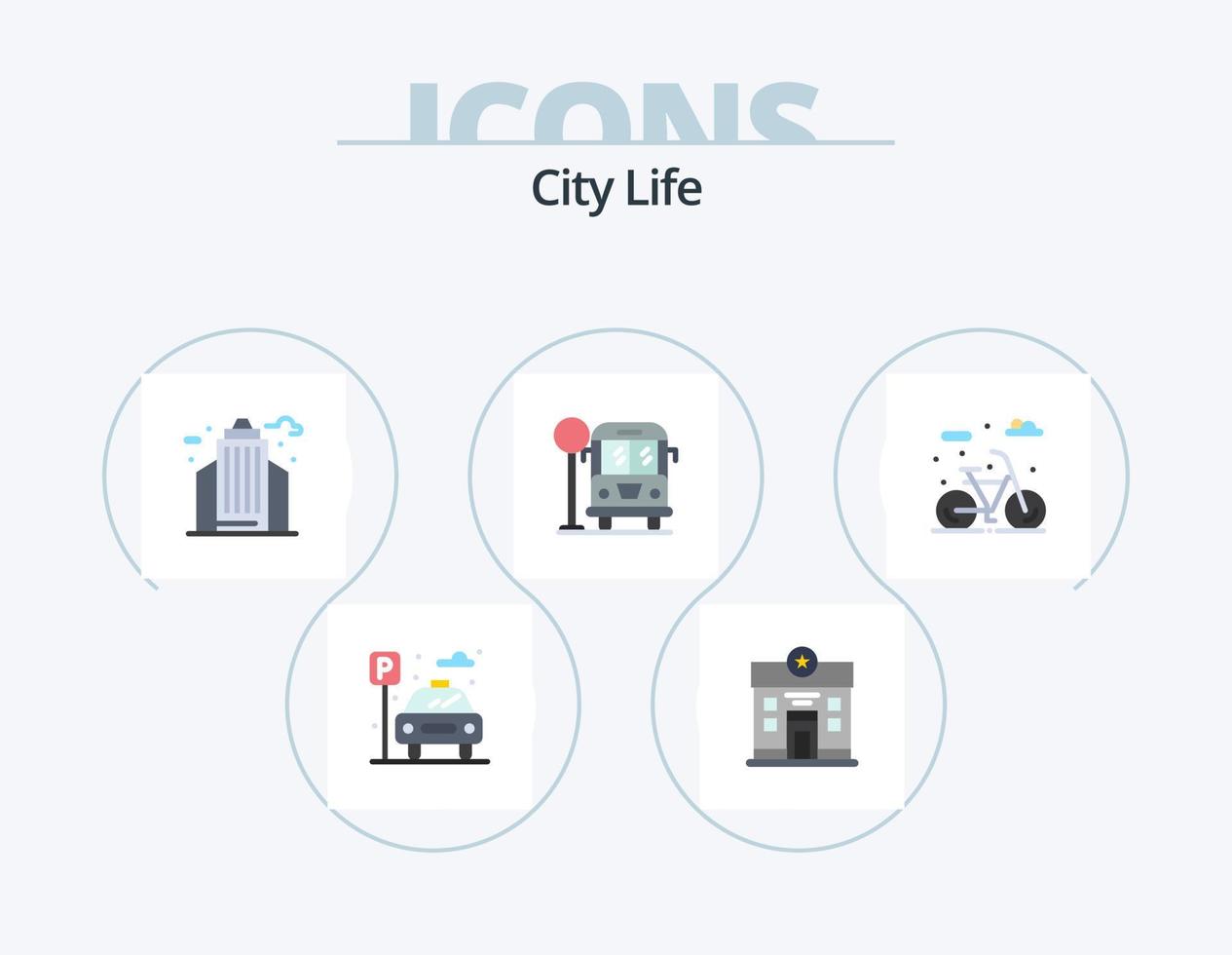 città vita piatto icona imballare 5 icona design. ciclo vitale. città. città. autobus fermare. città vettore