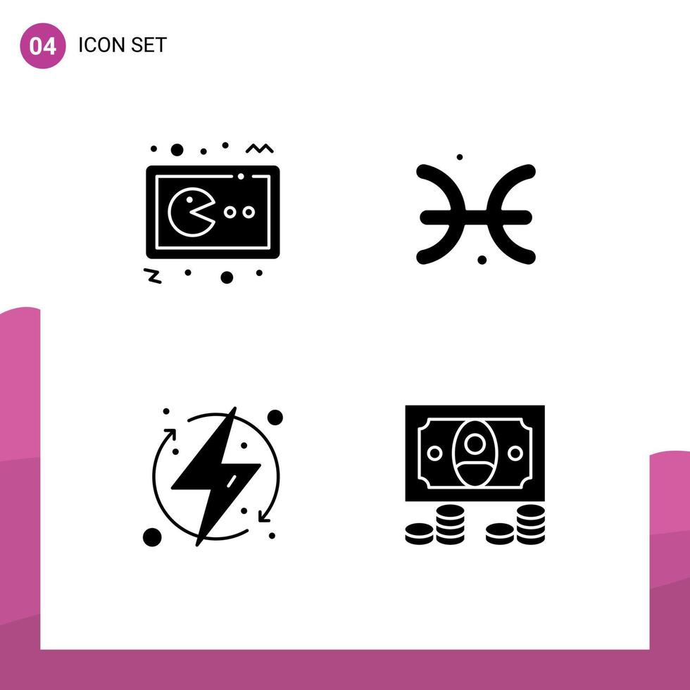 universale icona simboli gruppo di 4 moderno solido glifi di pac uomo caricare gamepad oroscopo elettrico modificabile vettore design elementi