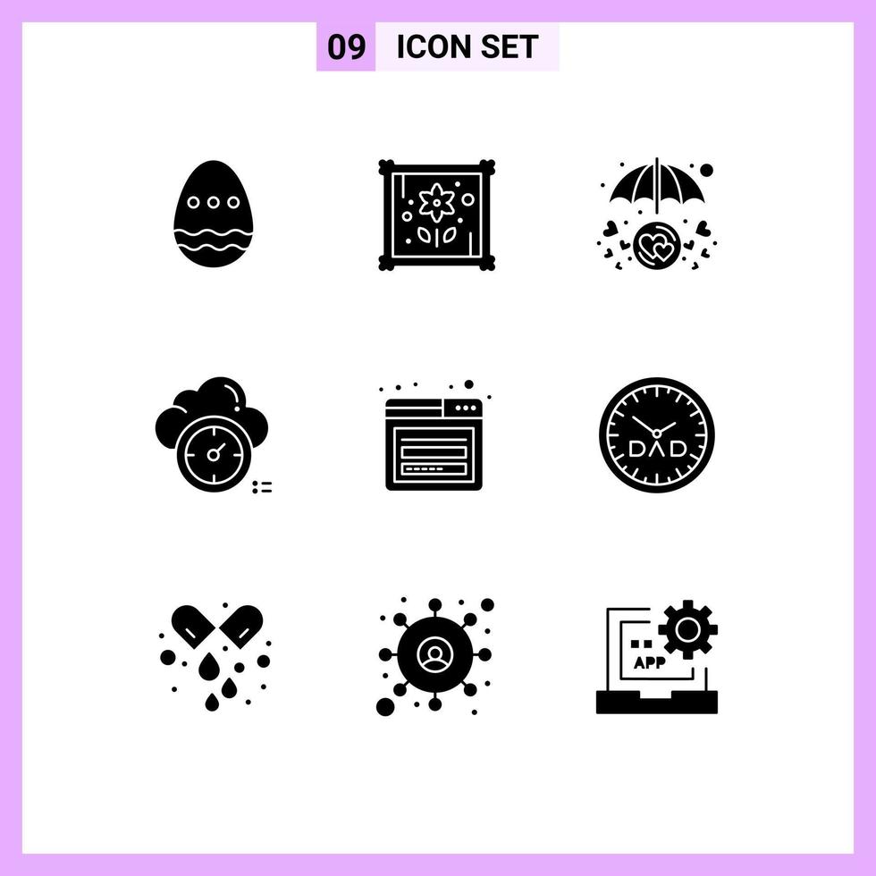 9 solido glifo concetto per siti web mobile e applicazioni accesso nube nel amore Timer pannello di controllo modificabile vettore design elementi