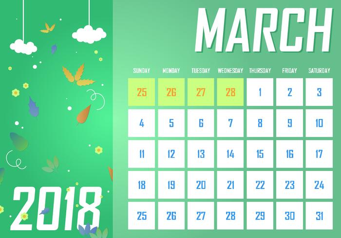 Marzo Calendario mensile stampabile gratis vettore