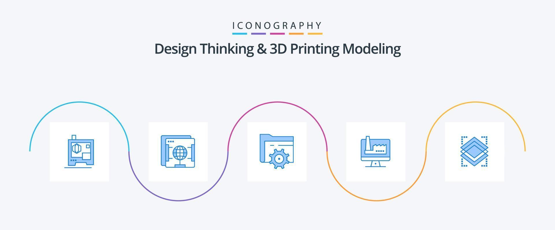 design pensiero e d stampa modellismo blu 5 icona imballare Compreso oggetto. fabbrica. cartella. monitore. computer vettore