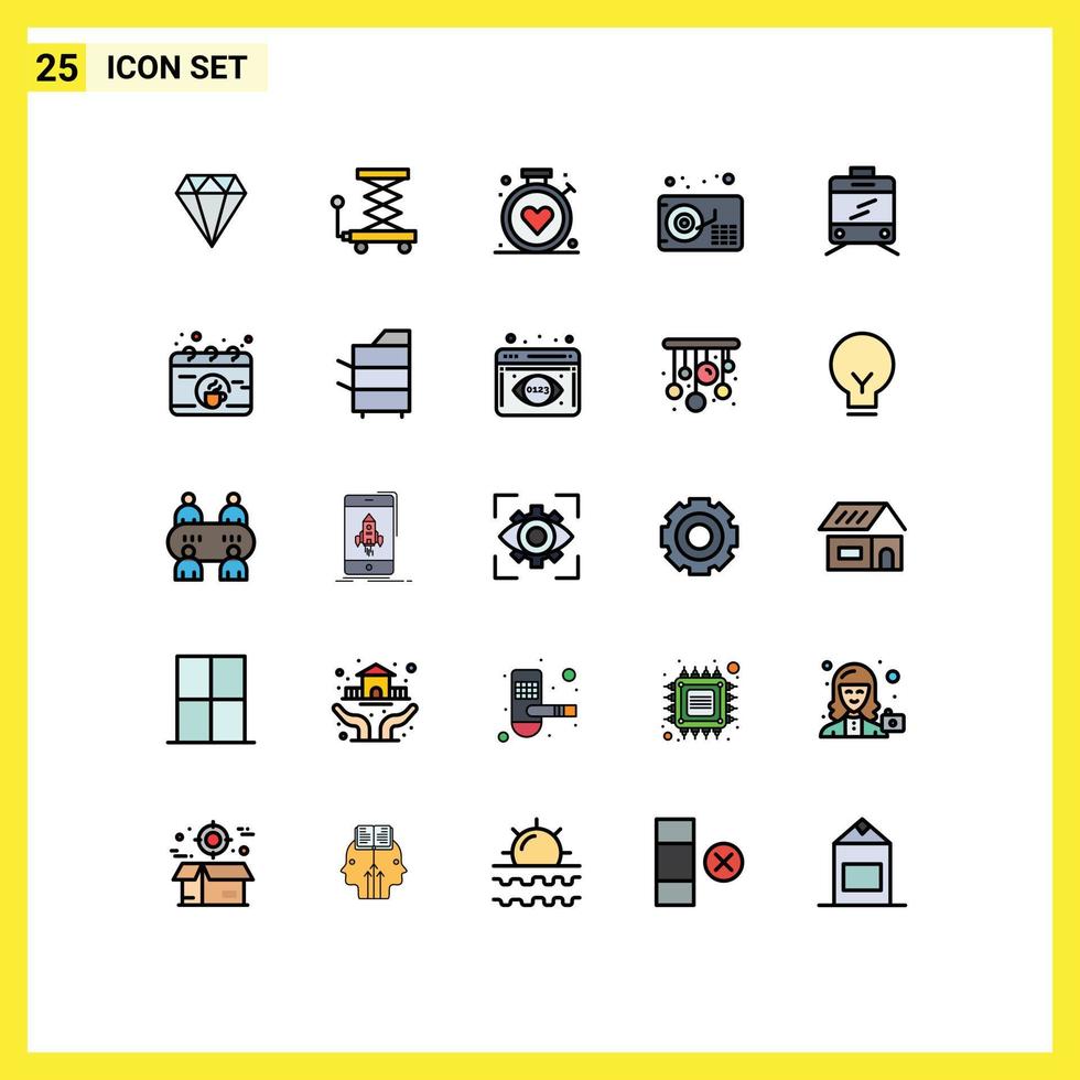 mobile interfaccia pieno linea piatto colore impostato di 25 pittogrammi di calendario tranvia bussola musica Audio modificabile vettore design elementi