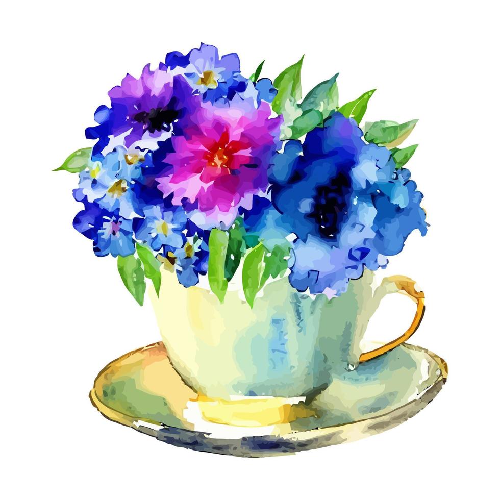 indaco blu acquerello tè tazza fiori vettore