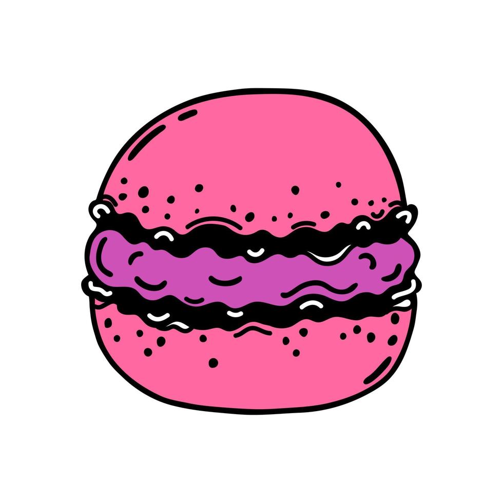 macaron biscotto biscotti fatto a partire dal mandorla Farina. delizioso francese dolce, dolce il giro torta con rosa crema. piatto cartone animato clipart isolato su bianca. mano disegnato vettore icona. per menù, manifesti, stampe