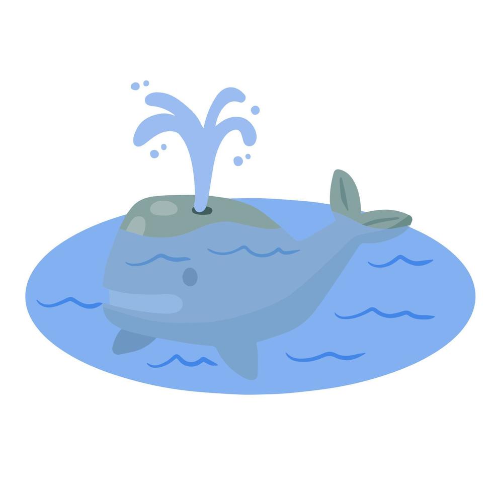 carino divertente balena con acqua Fontana nel mare o oceano. marino animale. bambini disegno nel scandinavo stile. divertente blu sperma balena vettore