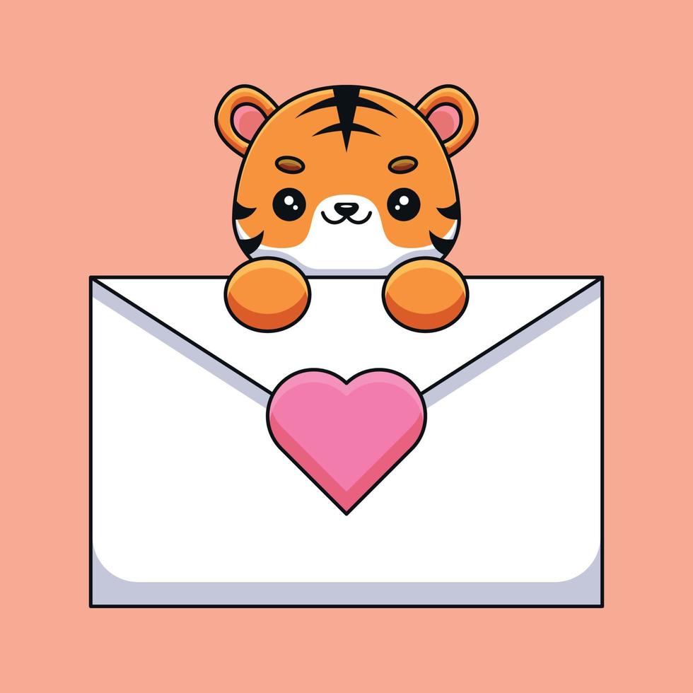 carino tigre Tenere un' amore lettera cartone animato portafortuna scarabocchio arte mano disegnato schema concetto vettore kawaii icona illustrazione