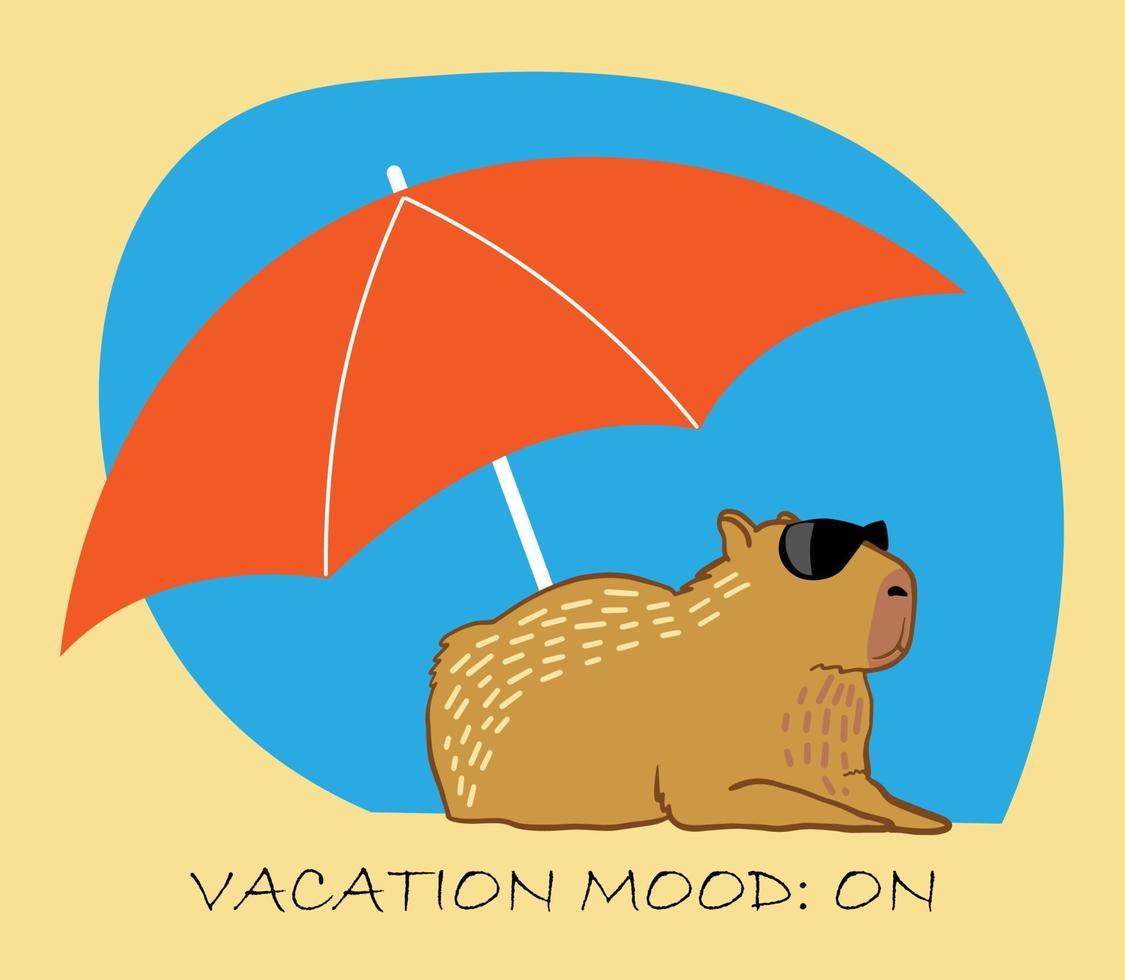 carino capibara riposo su il spiaggia sotto un ombrello vettore
