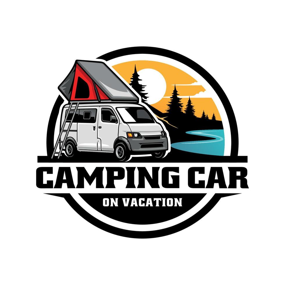 rv camper furgone con tetto superiore tenda illustrazione logo vettore