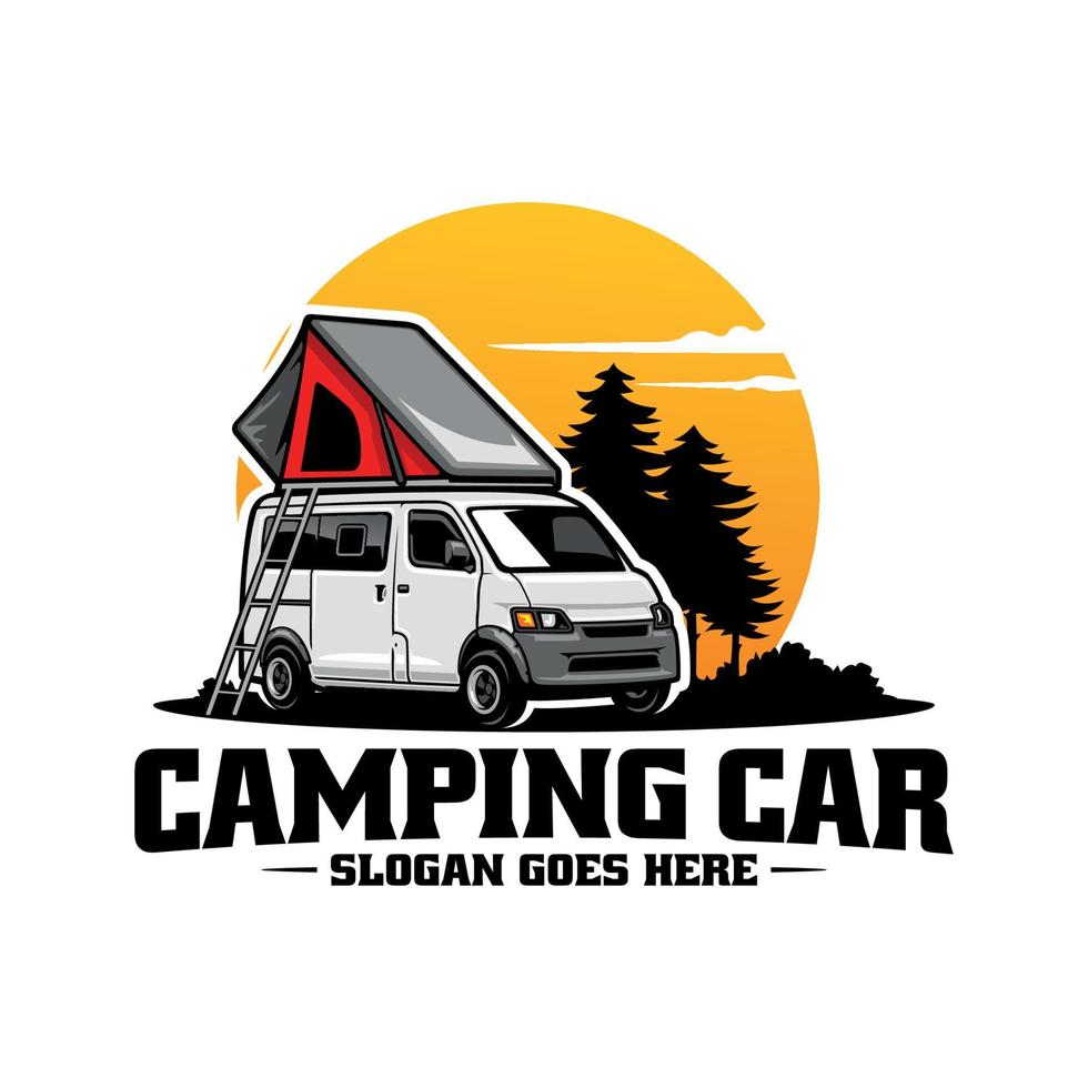 rv camper furgone con tetto superiore tenda illustrazione logo vettore