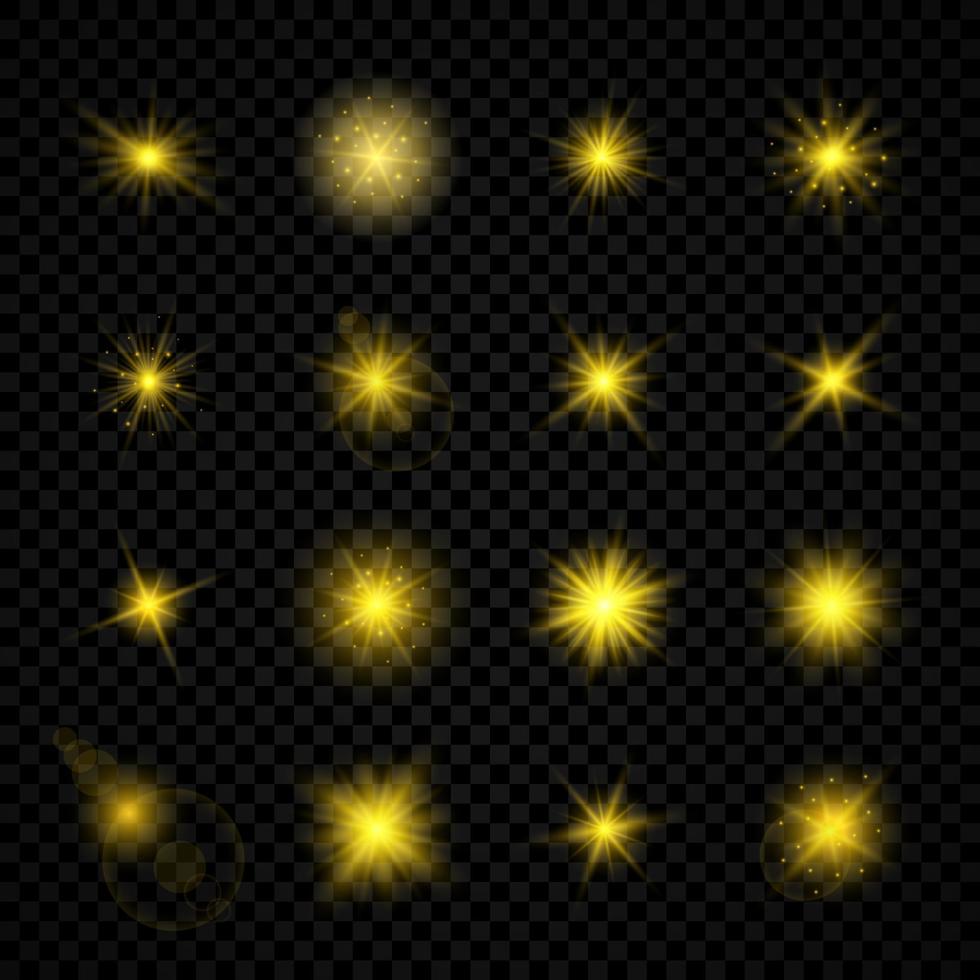 leggero effetto di lente razzi. impostato di sedici giallo raggiante luci starburst effetti con scintille su un' trasparente sfondo. vettore illustrazione