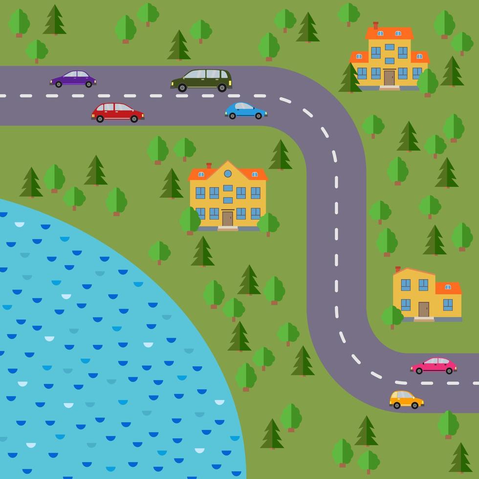 Piano di villaggio. paesaggio con il strada, foresta, lago, macchine e case. vettore illustrazione