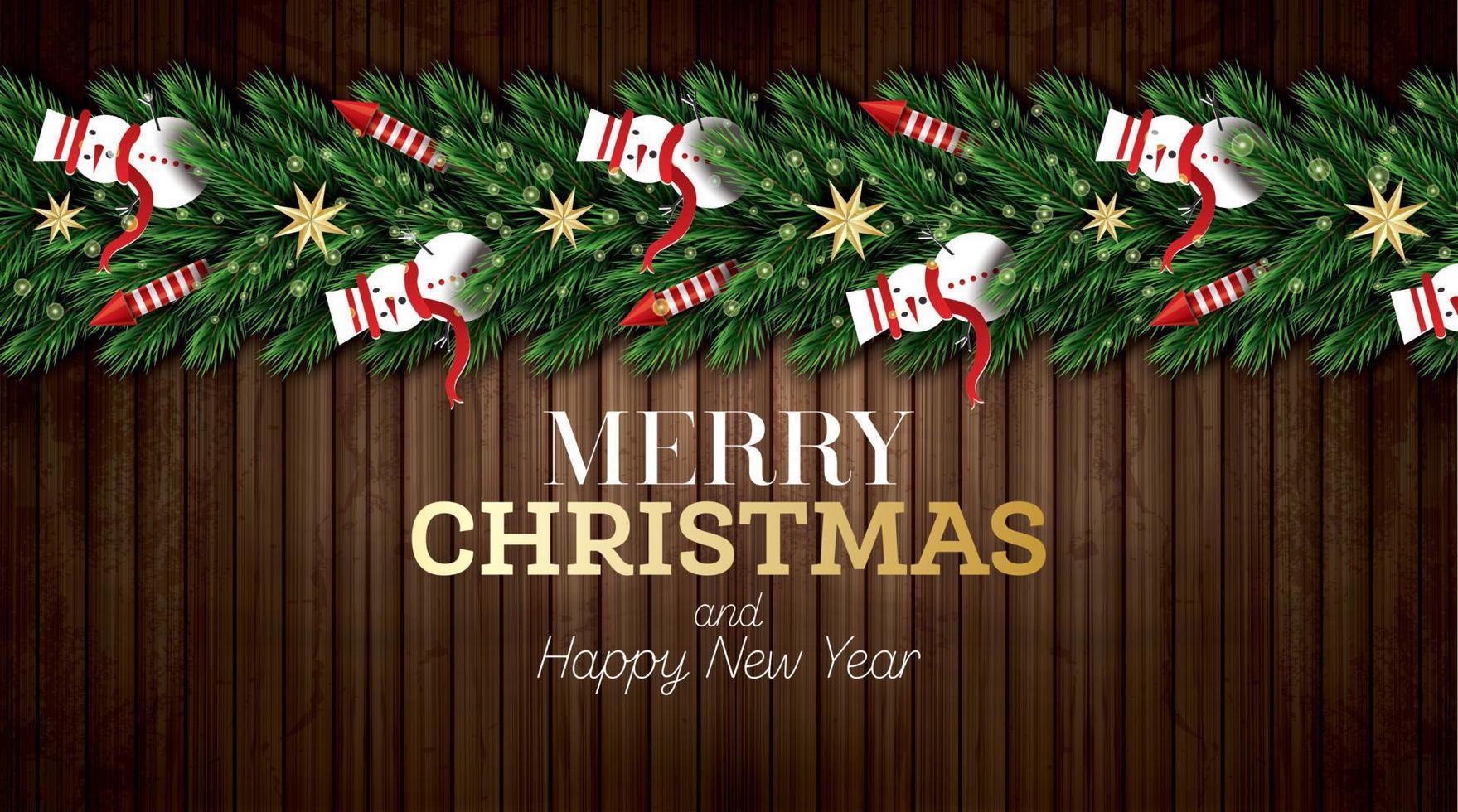 Natale saluto carta con Natale albero rami, rosso razzi e pupazzi di neve su di legno sfondo. vettore