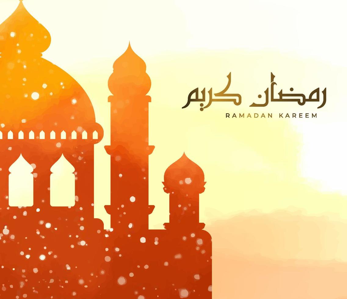bellissimo acquerello Ramadan kareem vettore illustrazione con Arabo font, moschea, e luccichio particelle. disegnato a mano islamico celebrazione sfondo
