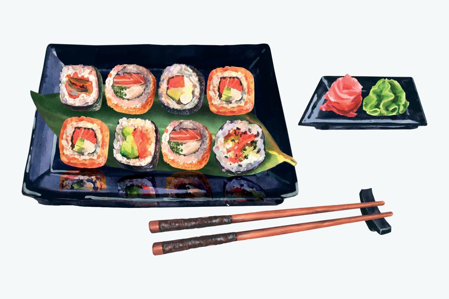 acquerello illustrazione Sushi rotoli impostato servendo con Zenzero e wasabi su speciale nero vassoio. collezione scatola con Sushi rotoli e bacchette. vettore