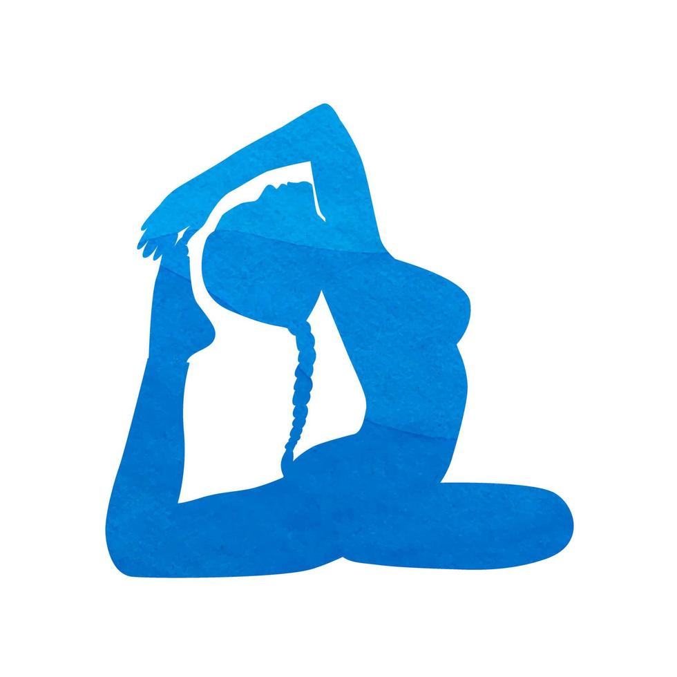 donna yoga silhouette nel re Piccione posa, struttura blu acqua acquerello mano disegno. vettore