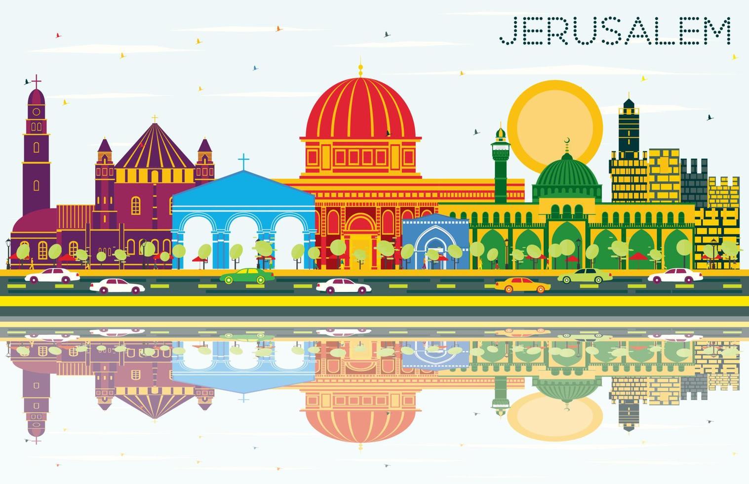 Gerusalemme Israele orizzonte con colore edifici, blu cielo e riflessi. vettore
