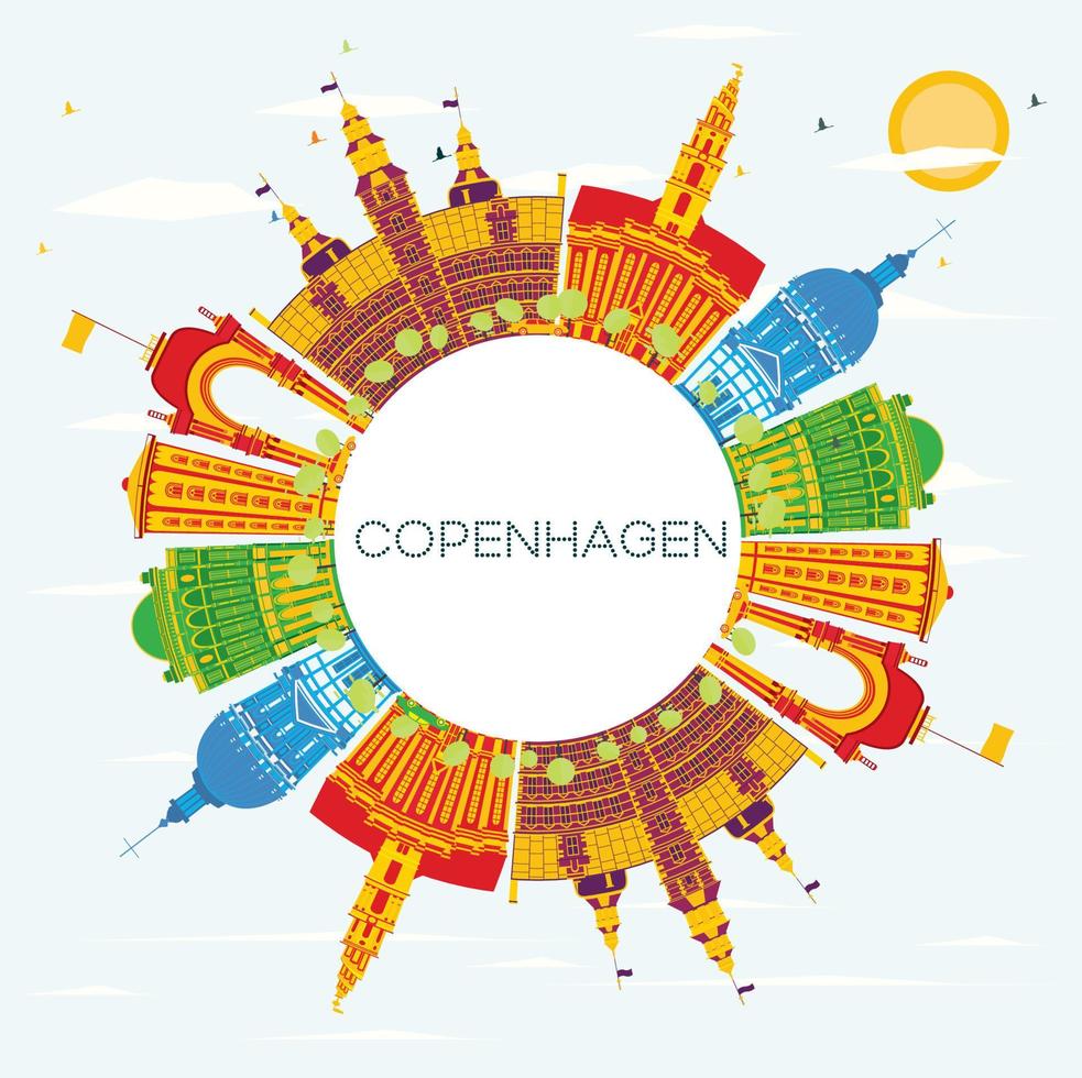 copenhagen Danimarca città orizzonte con colore edifici, blu cielo e copia spazio. vettore