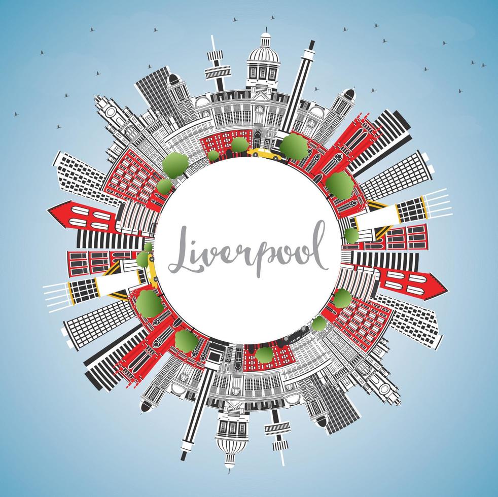 Liverpool Inghilterra città orizzonte con colore edifici, blu cielo e copia spazio. vettore