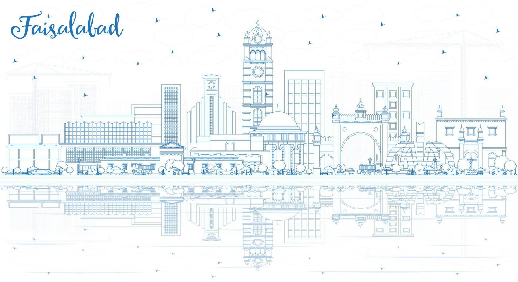 schema faisalabad Pakistan città orizzonte con blu edifici e riflessi. vettore