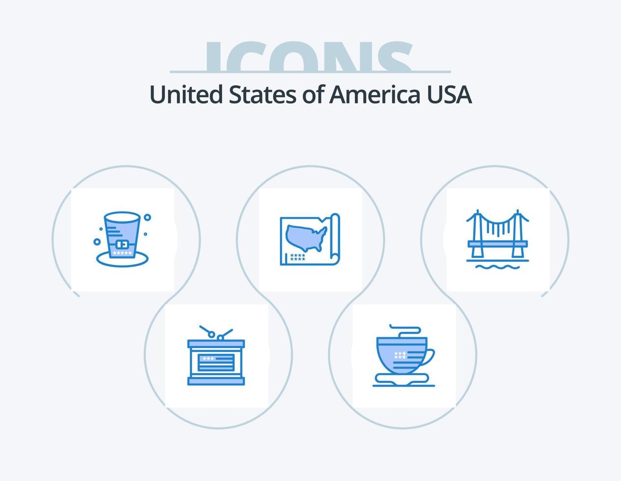 Stati Uniti d'America blu icona imballare 5 icona design. città. ponte. cappello. Stati Uniti d'America. stati vettore