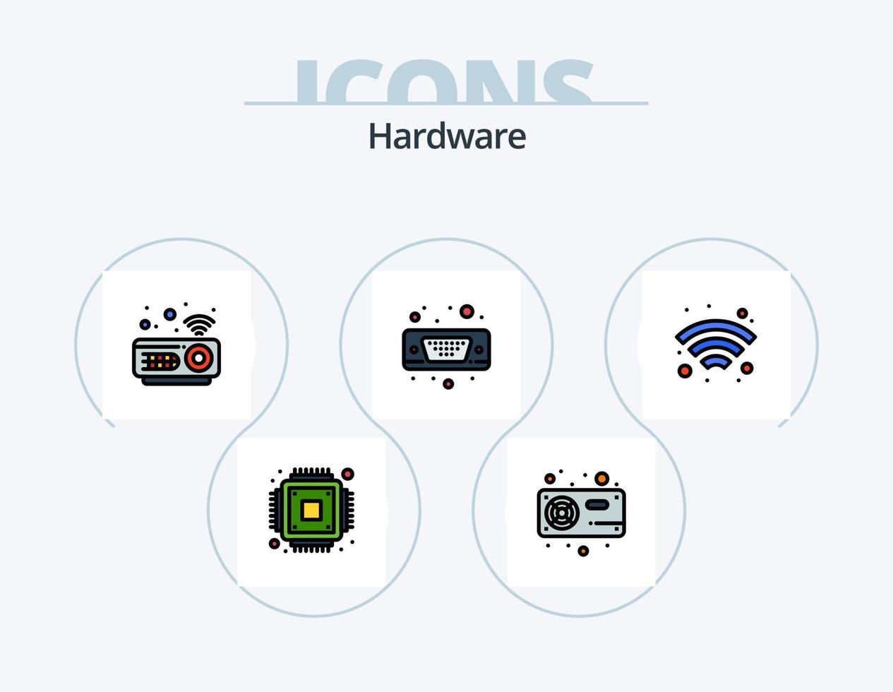 hardware linea pieno icona imballare 5 icona design. computer. sicurezza. termosifone. cctv. microchip vettore