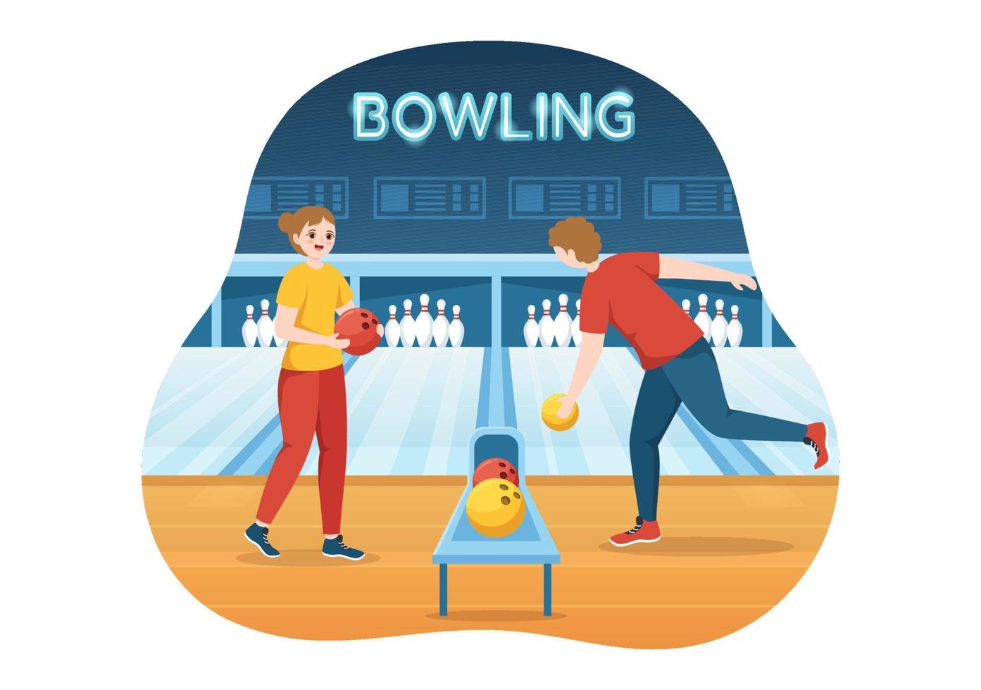 bowling gioco illustrazione con spille, palle e tabelloni nel un' sport club per ragnatela bandiera o atterraggio pagina nel piatto cartone animato mano disegnato modelli vettore