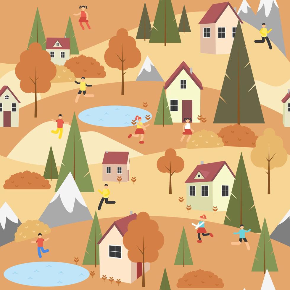 senza soluzione di continuità modello vacanza nel il campagna. autunno stagione all'aperto paesaggio giallo erba accogliente case, persone e laghi. bambini giocando. raccogliere e giardinaggio. vettore illustrazione.