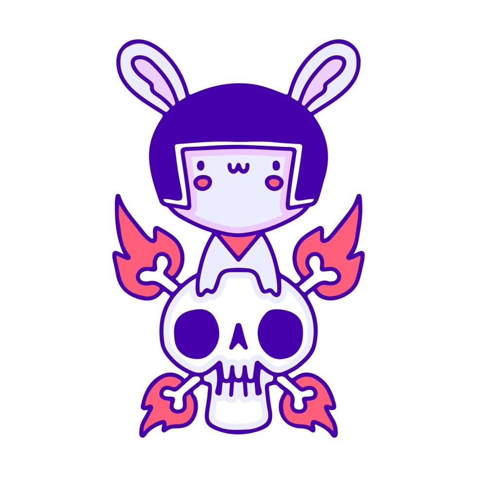 dolce bambino coniglietto indossare casco con fiammeggiante cranio scarabocchio arte, illustrazione per maglietta, etichetta, o abbigliamento merce. con moderno pop e kawaii stile vettore