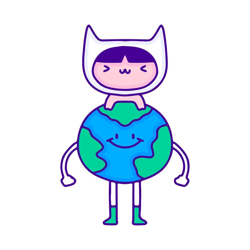 carino bambino nel gatto costume con terra pianeta portafortuna personaggio scarabocchio arte, illustrazione per maglietta, etichetta, o abbigliamento merce. con moderno pop e kawaii stile. vettore