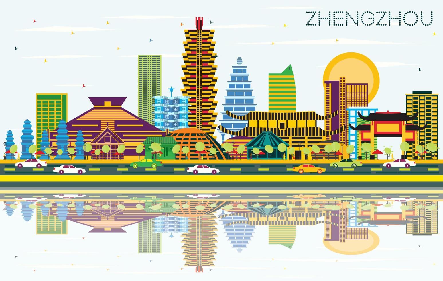 zhengzhou Cina città orizzonte con colore edifici, blu cielo e riflessi. vettore