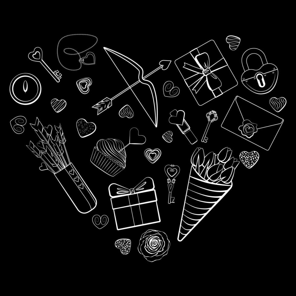 San Valentino cuore di simboli bianca su nero vettore