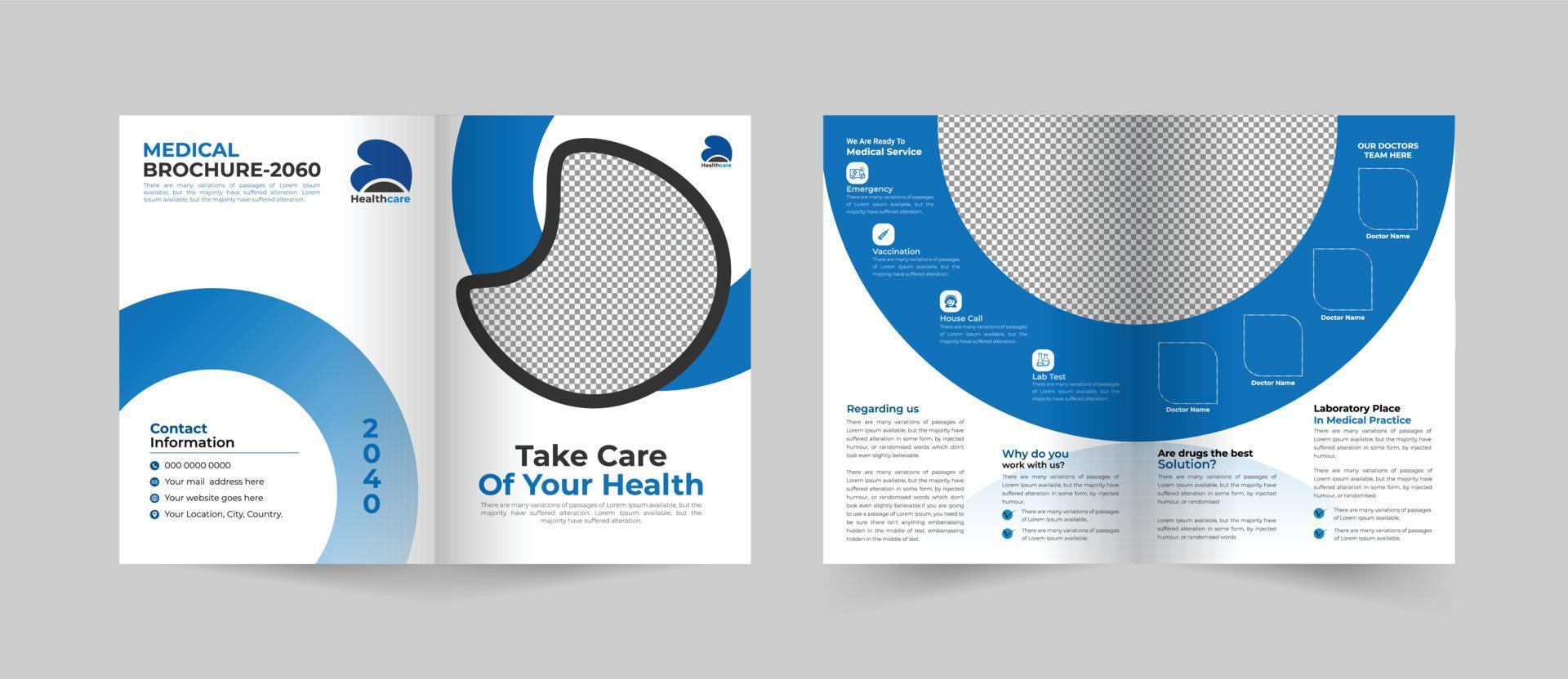 medico assistenza sanitaria servizio bifold opuscolo design o ospedale clinica promozione opuscolo modello, 4 pagina multiuso modello vettore disposizione