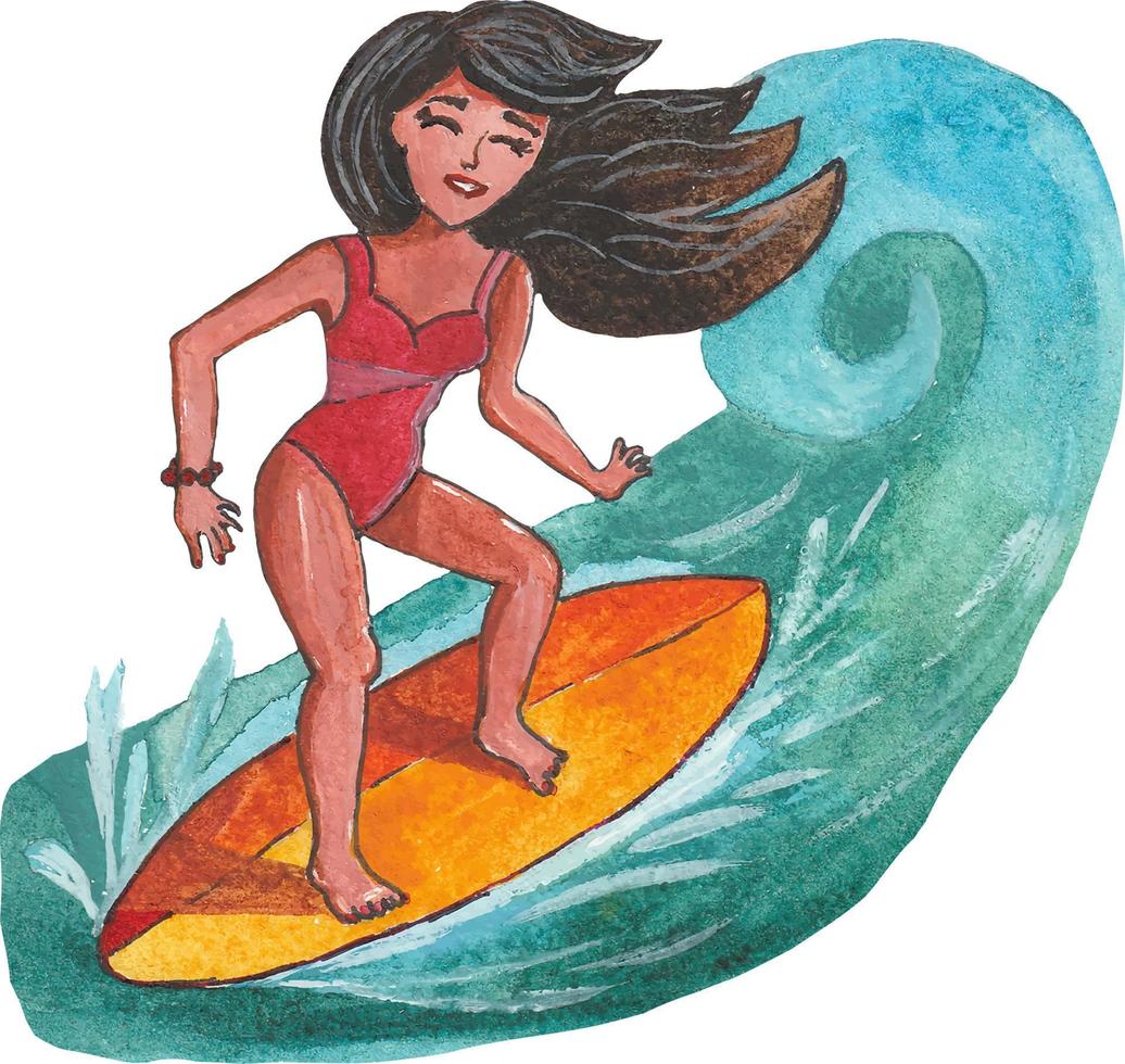 ragazza surfer equitazione un' onda vettore