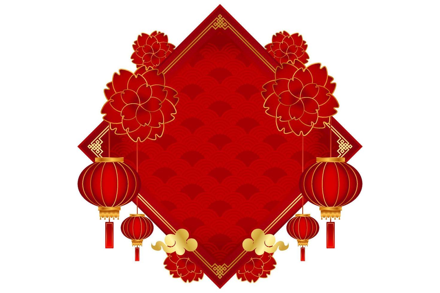 Cinese sfondo 2023 modello, lunare nuovo anno concetto con lanterna o lampada, ornamento, e rosso oro sfondo per saldi, striscione, manifesti, copertina design modelli, sociale media sfondo vettore