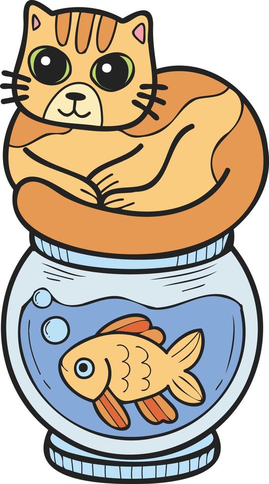 mano disegnato a strisce gatto su pesce ciotola illustrazione nel scarabocchio stile vettore