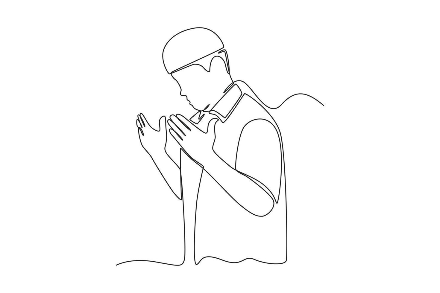continuo uno linea disegno musulmano uomo preghiere con il suo mani. Ramadan concetto. singolo linea disegnare design vettore grafico illustrazione.