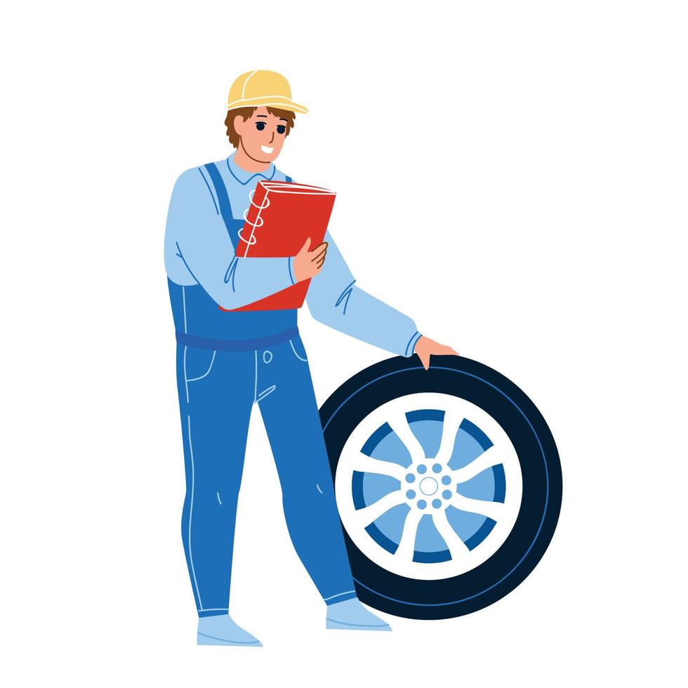 meccanico uomo riparazione piatto pneumatico auto ruota vettore