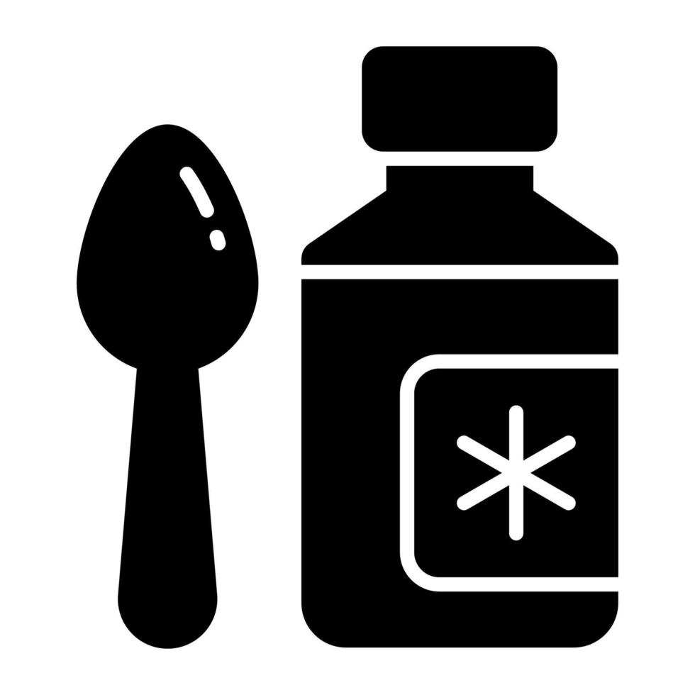 cucchiaio con sciroppo bottiglia denotando assistenza sanitaria e medico icona vettore