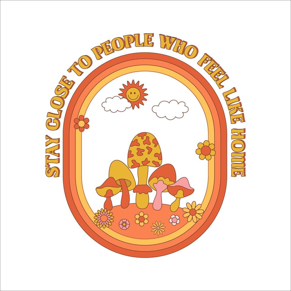 Groovy hippie 70s manifesto. divertente cartone animato fungo, sole, arcobaleno, margherite, eccetera. vettore saluto carta nel un' di moda retrò psichedelico cartone animato stile. vettore sfondo. brillare luminosa