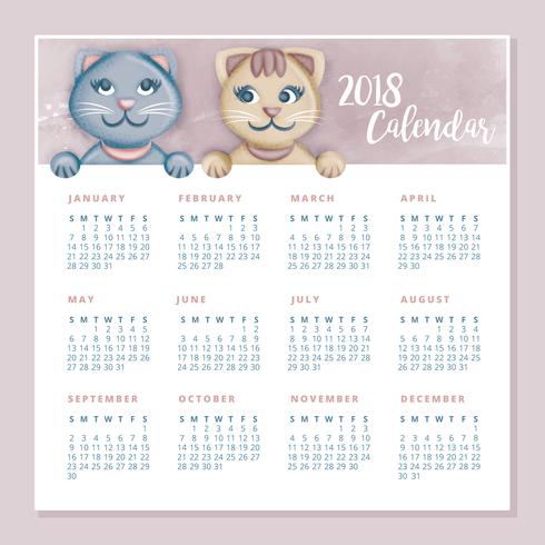 Calendario stampabile di gatti svegli di vettore